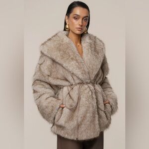 JLUXLABEL IVORY/BROWN SOFT SEASON FAUX FUR COAT